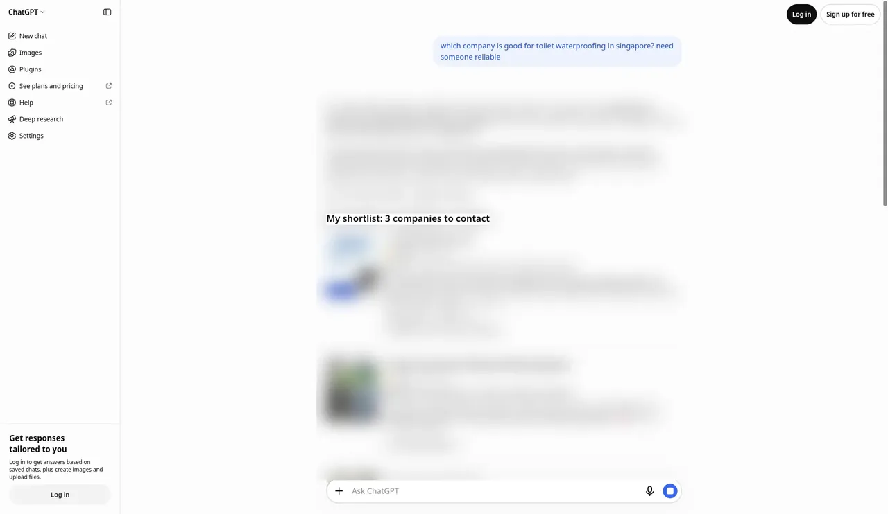 ChatGPT answer, firm details blurred